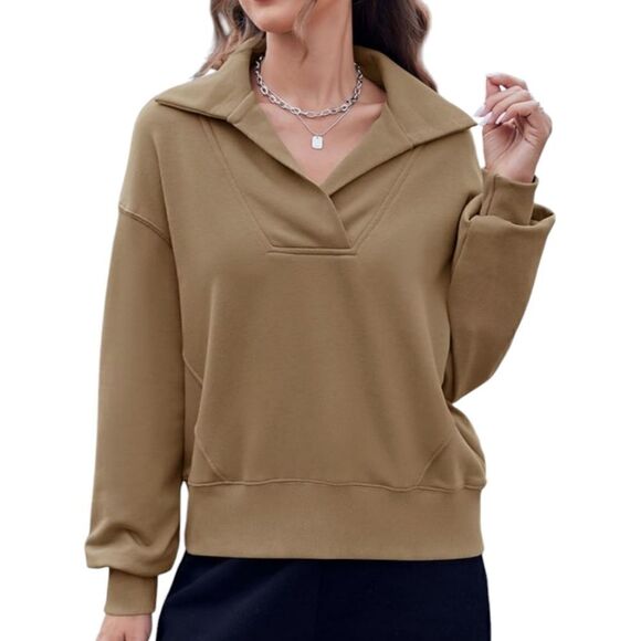 fisowe Tops - Women's Long Sleeve Sweatshirts Lapel V Neck Fall Loose Pullover XXL  NWOT